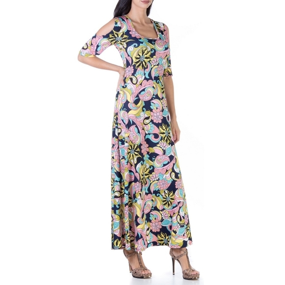 24seven Floral Cold Shoulder Flowy Casual Maxi Dress Large - Picture 2 of 10